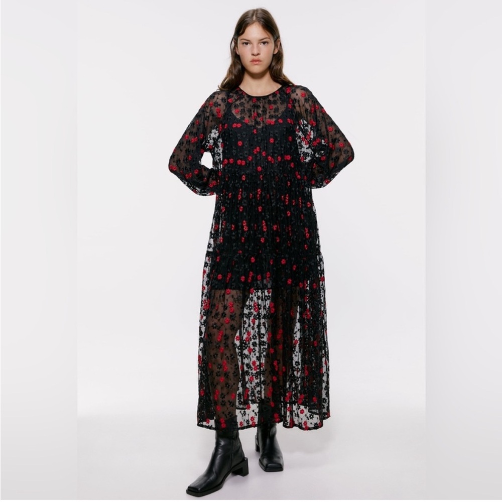 Zara Embroidered Tiered Maxi Dress L